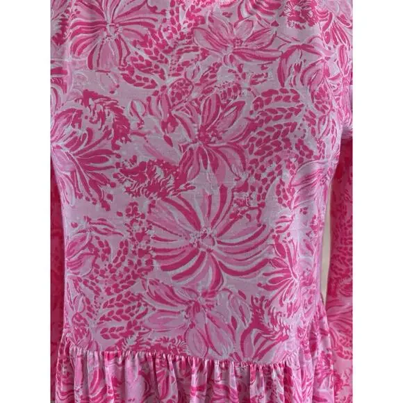Lilly Pulitzer Geanna Swing Dress — S Pink Blossom Foxy Llama 3/4 Sleeve Tiered - Picture 10 of 10